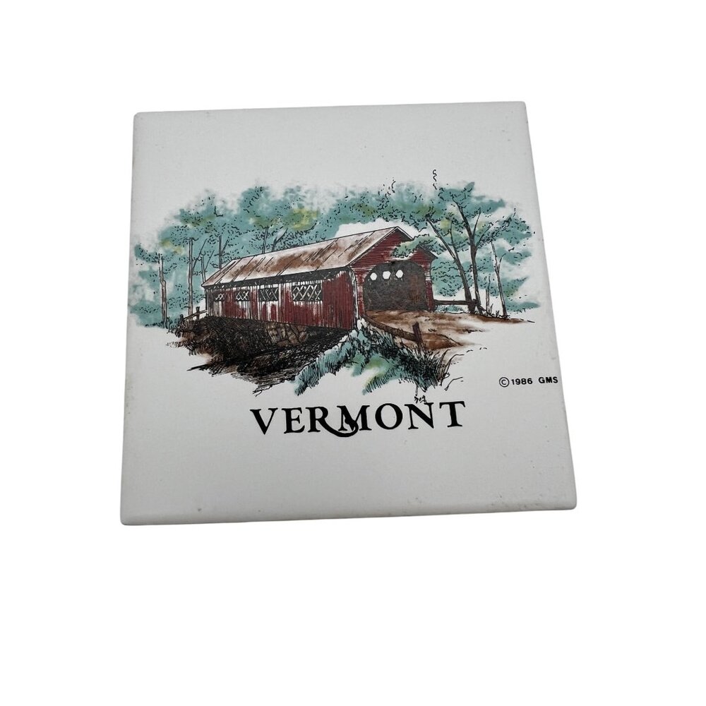 Vintage Vermont Covered Bridge 4.25" Ceramic Wall Tile Rustic Decor USA